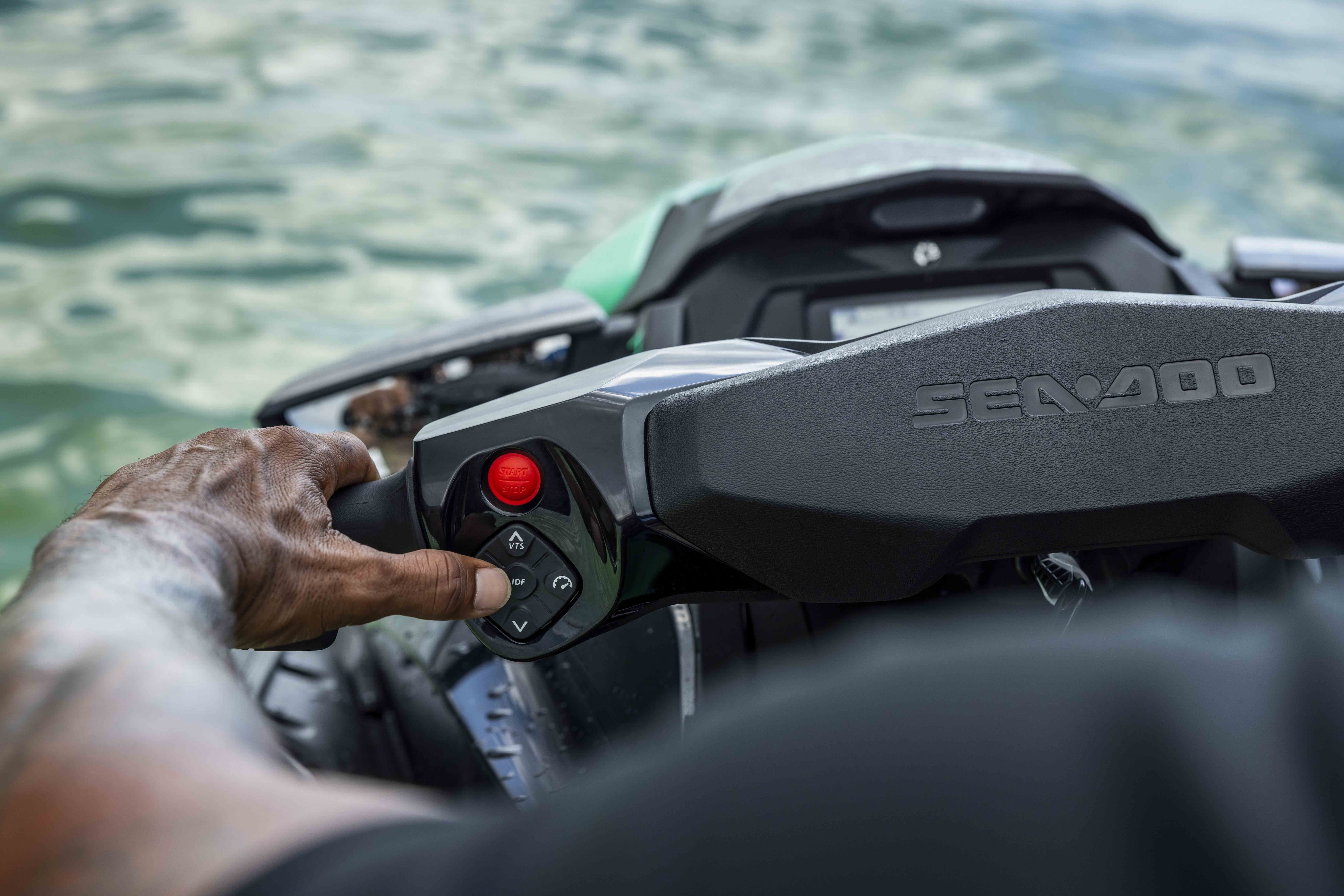 Handlebar view of the 2026 Sea-Doo GTI SE using the Intelligent Debris Free (iDF) Pump System
